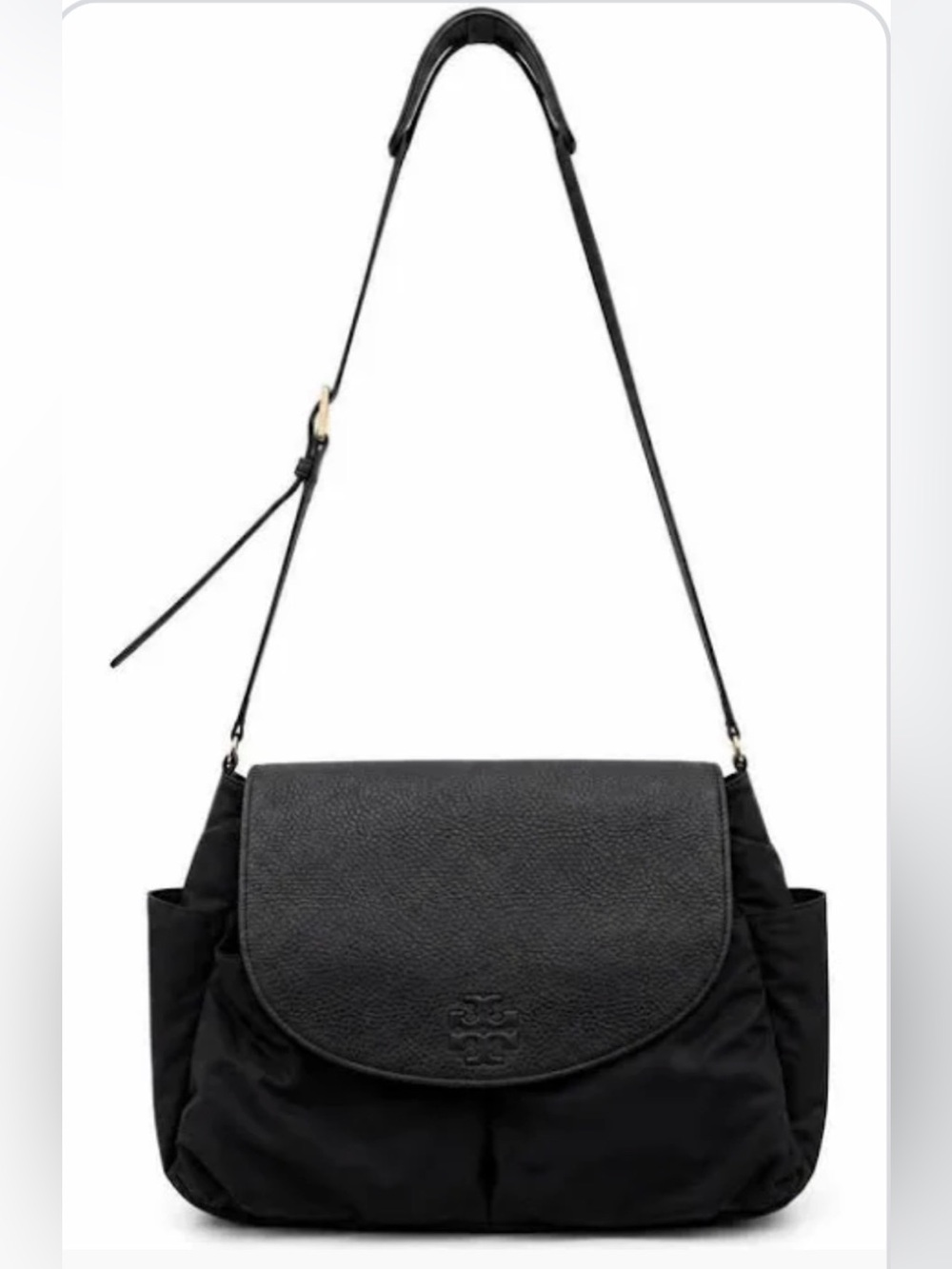 Tory Burch Thea black pebbled leather and nylon baby diaper large crossbody bag